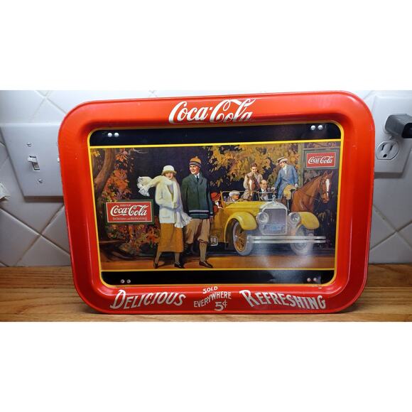 2 Vintage Coke 1987 Coca Cola Touring Car Advertising Lithograph TV Tray w Legs - Picture 1 of 12